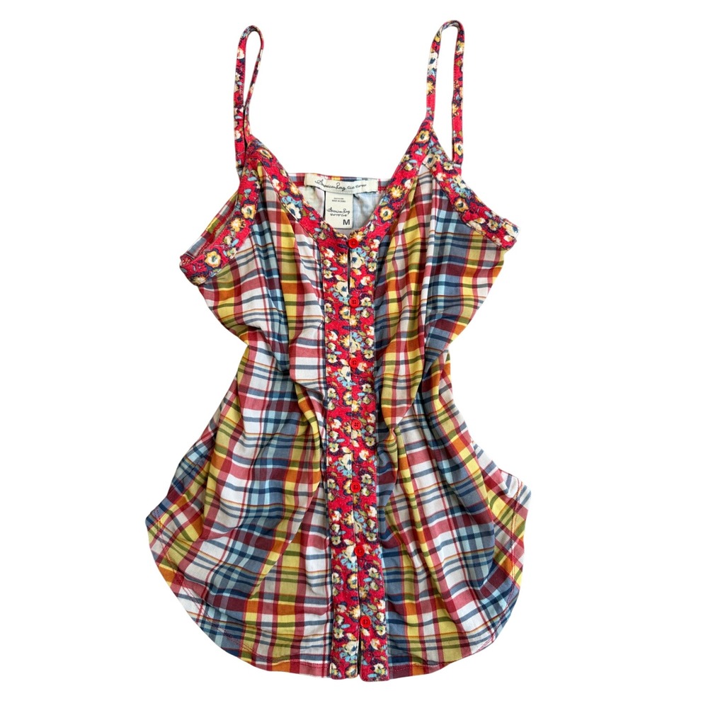 Y2K Indie Sleaze Cami Tank M Red Plaid Floral Mesh Boho Grunge Button Up Top 00s